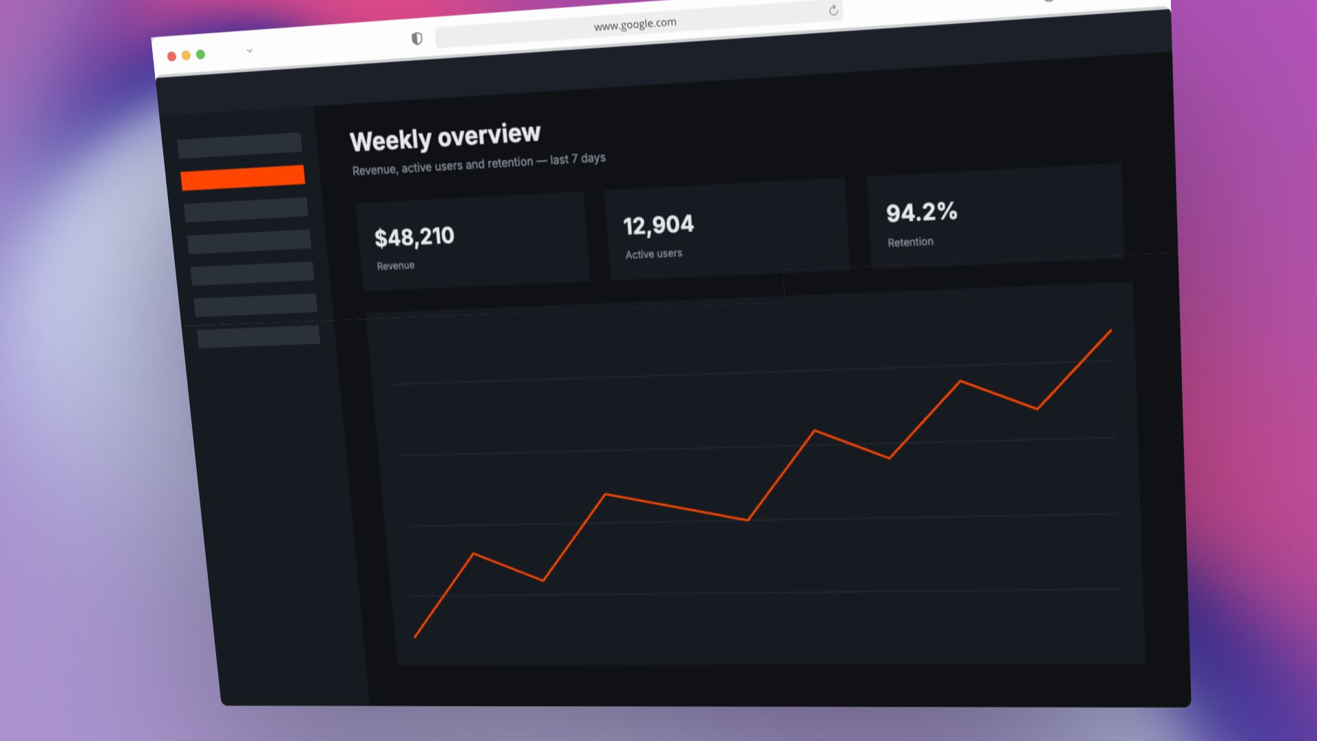 A product screenshot in a tilted browser frame over a moving gradient, made in Bettershots